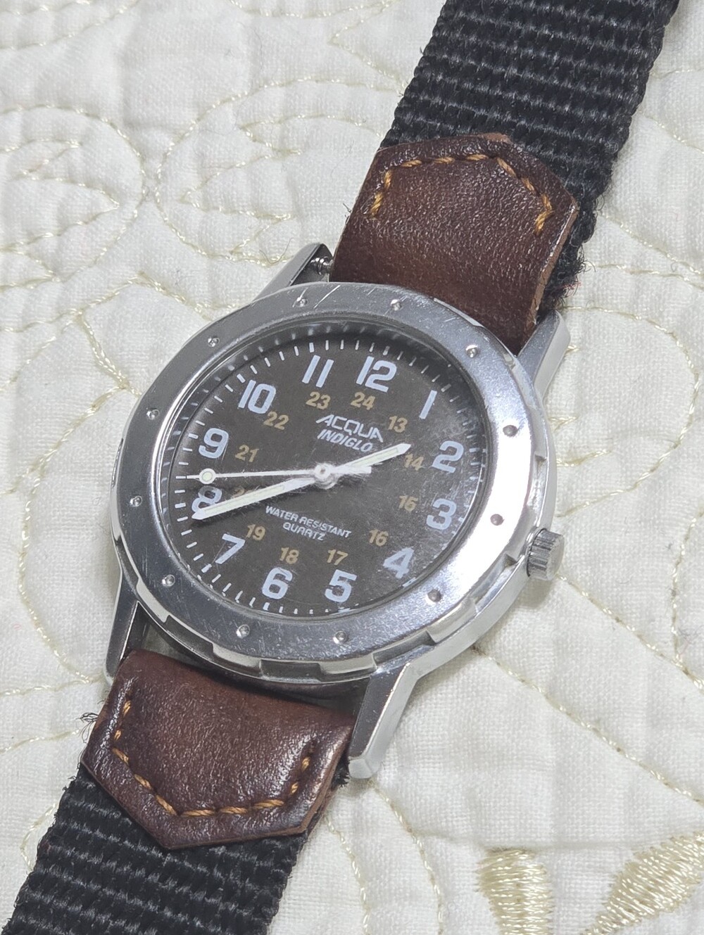 Vintage Icqua Indiglo Timex Quartz Military Watch Silver Chocolate Brown Lume